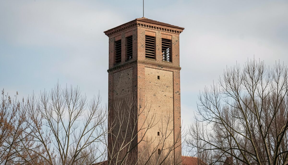 A square brick bell tower rising above bare treetops, louvered openings near the top.