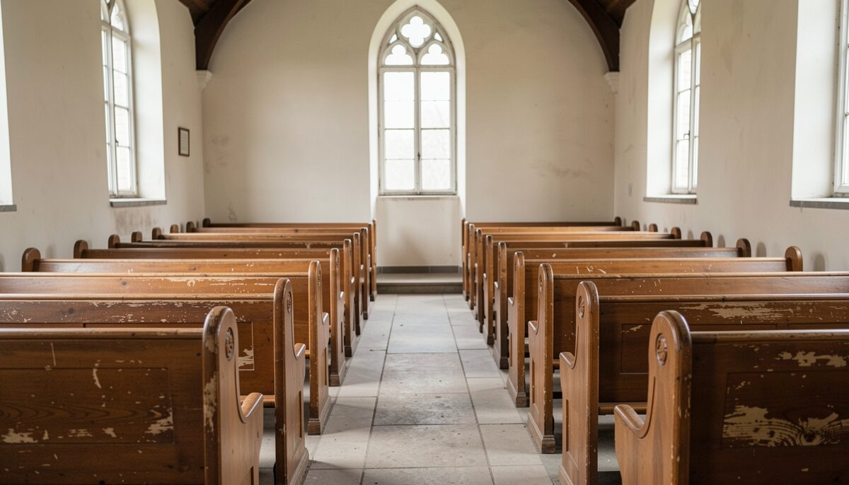 Rows of worn wooden pews inside an emptied sanctuary, hymnals stacked on a front bench, afternoon light.