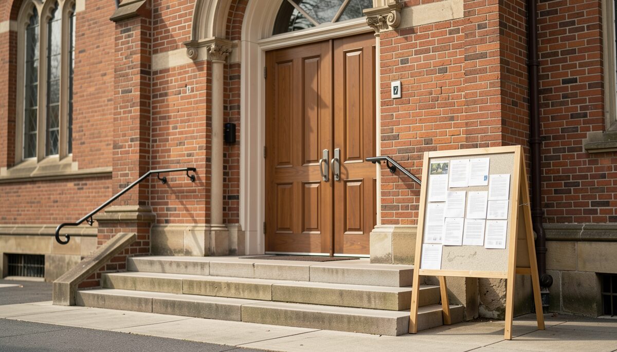 A brick church entrance with double doors, a merge notice board empty beside the steps.