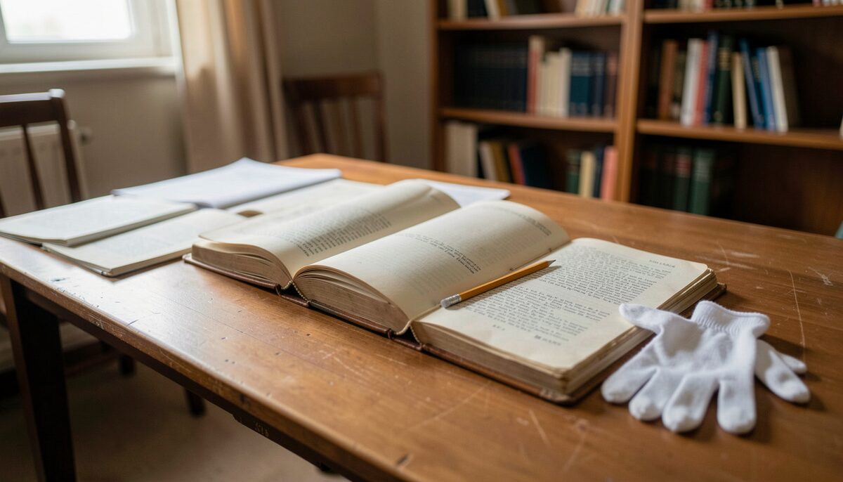 A reading room table with open ledgers, a pencil and a pair of white cotton gloves.